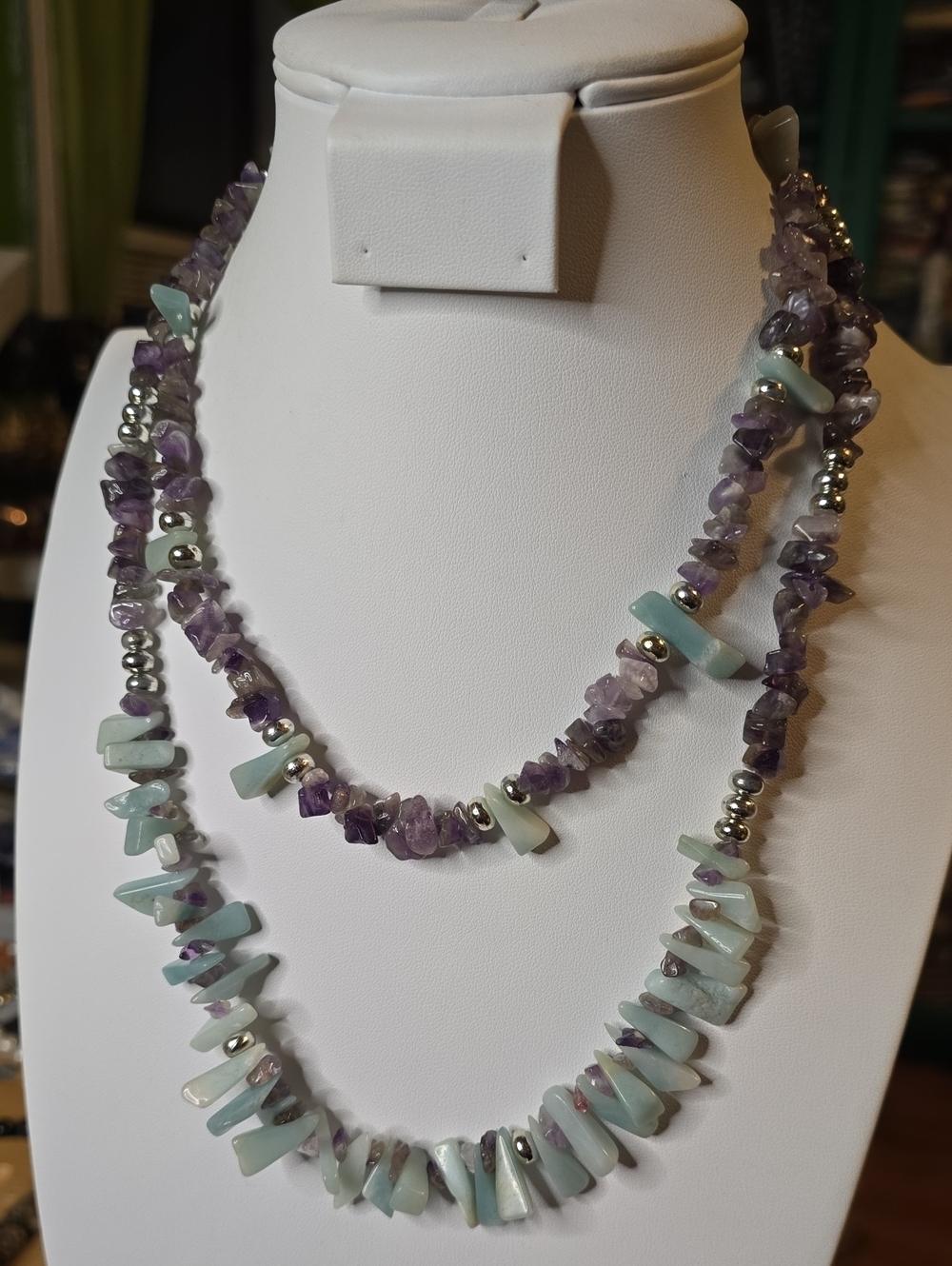 Two-Strand Amethyst & Amazonite Chip Necklace in Purple and Pale Aqua